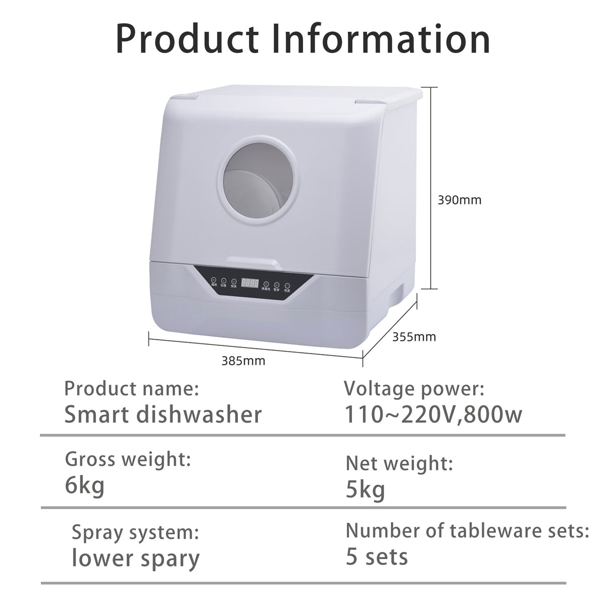 800W Portable Electric 110V/220V Multi-Functional Kitchen Cleaning Dishwasher Lower Spray Drying Disinfection Restaurants Cars