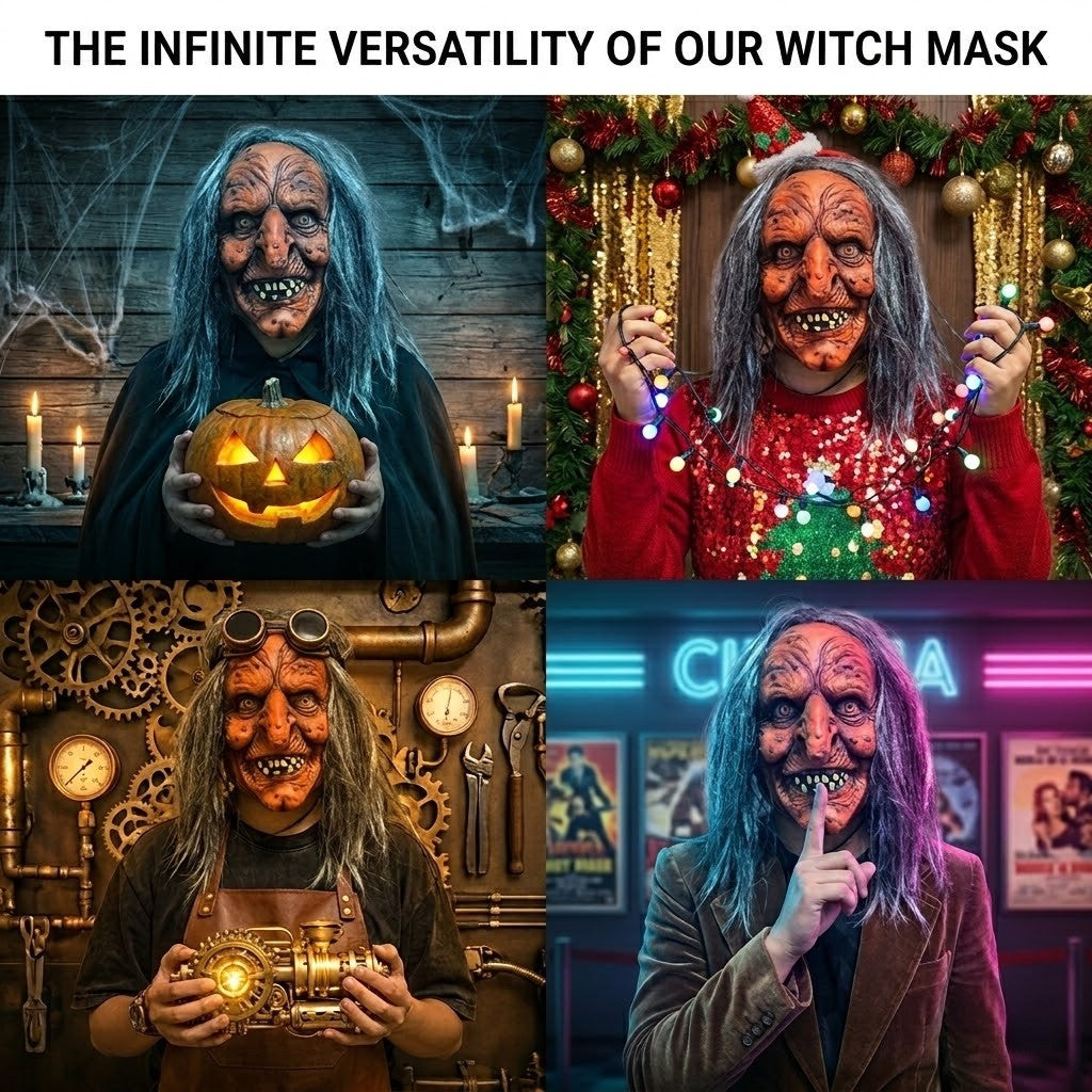 Creepy Witch Mask With Lifelike Wrinkles & Gray Hair - Halloween Scary Costume Accessory For Party/Haunted House/Cosplay