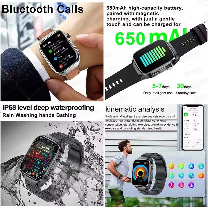 2025 Novo Smartwatch Tela AMOLED de 2.04 polegadas Chamada Bluetooth IP68 À Prova D'água 650mA Smartwatches Esportivos Masculinos Android Grau Militar