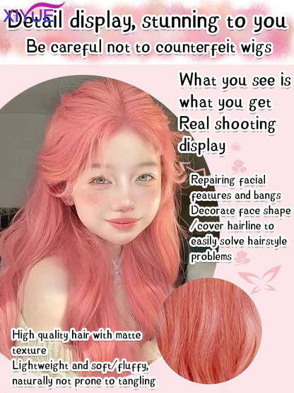 XIYUE orange pink wig Long Wavy Synthetic Wigs Middle Part Natural Wave Wig Heat Resistant Cosplay Party Daily Hair Wig for