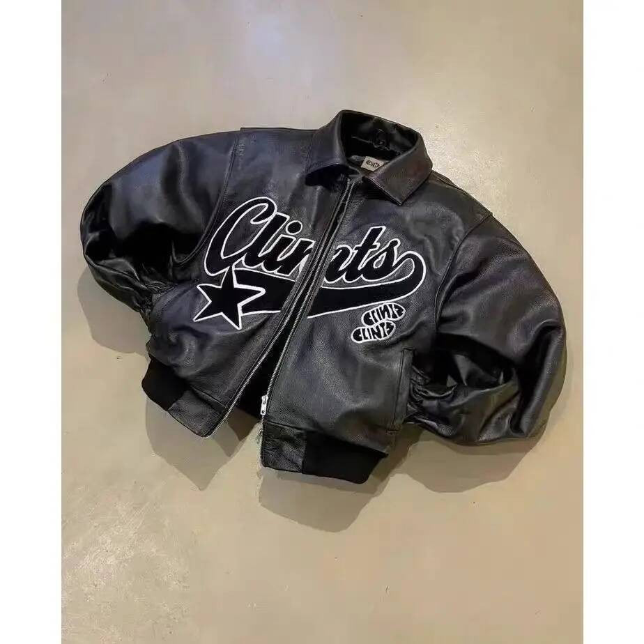 Y2k Jacket American Streetwear Trend PU Leather Jacket Black Thick Loose Zipper Jacket For Men