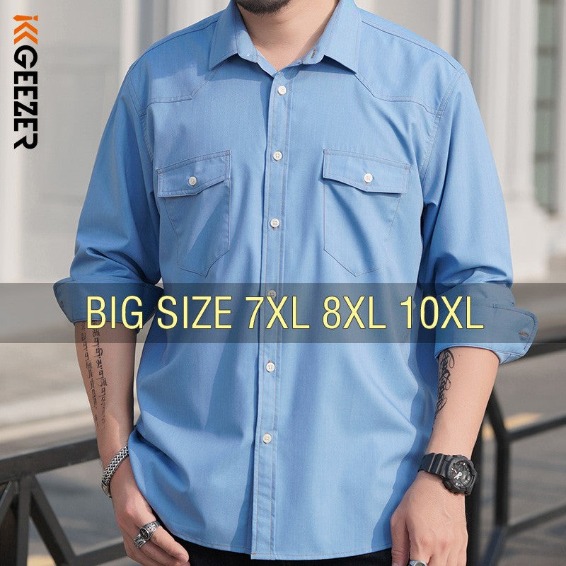 Men Shirt Denim Oversize 6XL 7XL 8XL 10XL Plus Size Fashion Casual Cowboy Blue Pockets Loose Long Sleeve Cotton High Quality
