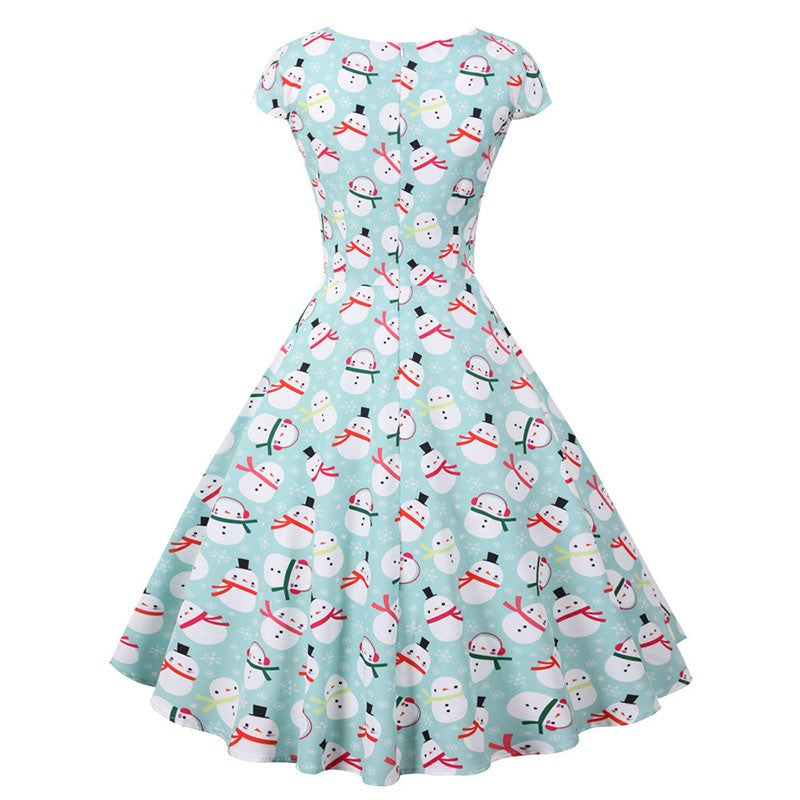 Fashion V-neck Short Sleeve Printed Christmas Dress Large Swing Vintage Elegant Xmas Party Dress