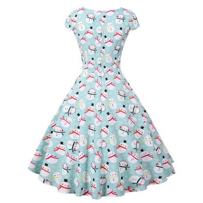 Fashion V-neck Short Sleeve Printed Christmas Dress Large Swing Vintage Elegant Xmas Party Dress
