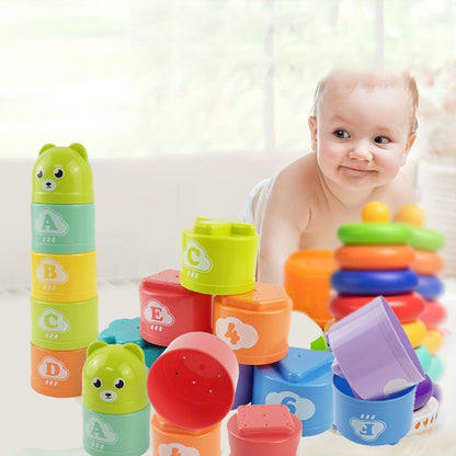 9PCS Copos Divertidos Arco-Íris Empilháveis Letras Figuras Brinquedo Educacional para Bebês e Crianças Torre de Empilhar Mini Urso Brinquedos para Crianças e Bebês