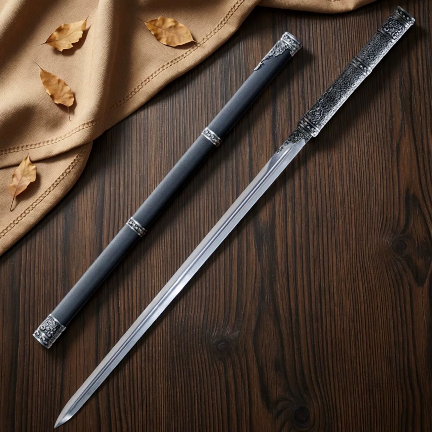 Classic Tang Dynasty Straight Sword Plain Polished Blade Matte Black Scabbard Traditional Tang Dynasty Jian Collectible Sword