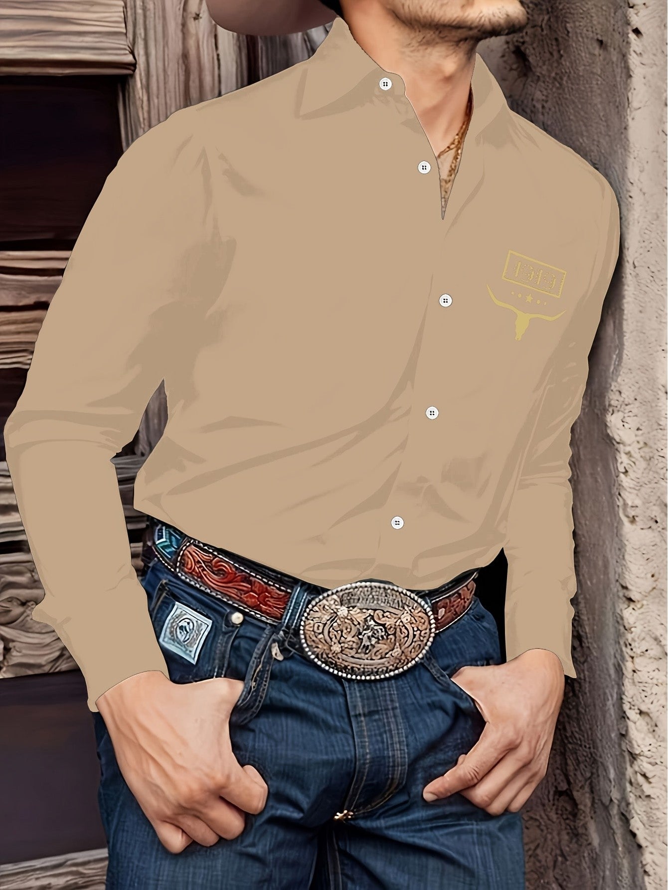 Spring and Autumn Cowboy Style Printed Men's Long Sleeve Shirt Men's Loose Fit Collar Top Casual Street Fashion Clothing