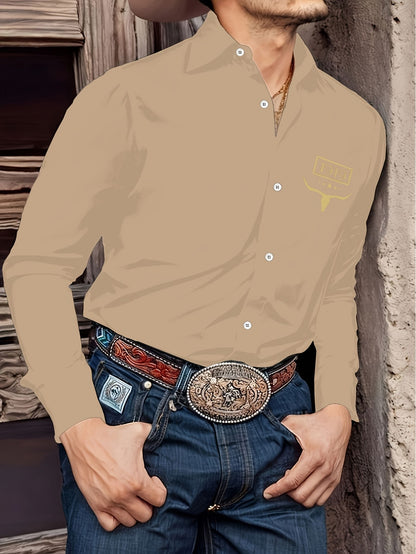 Spring and Autumn Cowboy Style Printed Men's Long Sleeve Shirt Men's Loose Fit Collar Top Casual Street Fashion Clothing