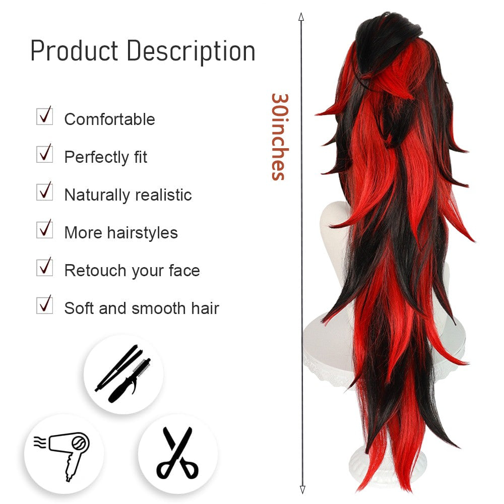 Anime Demon Yoriichi Tsugikuni Cosplay Synthetic Hair 30-Inch Black And Red Gradient Wig Suitable For Daily Party Role-Playing