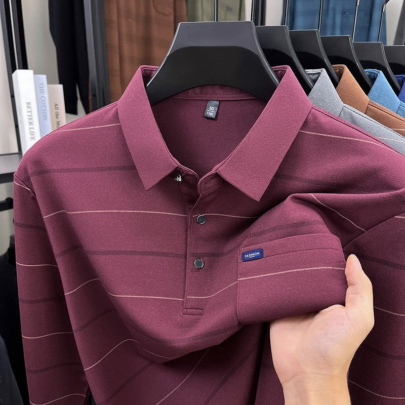 2025 long sleeved men's spring and autumn collar striped pullover top with loose pockets polo shirt