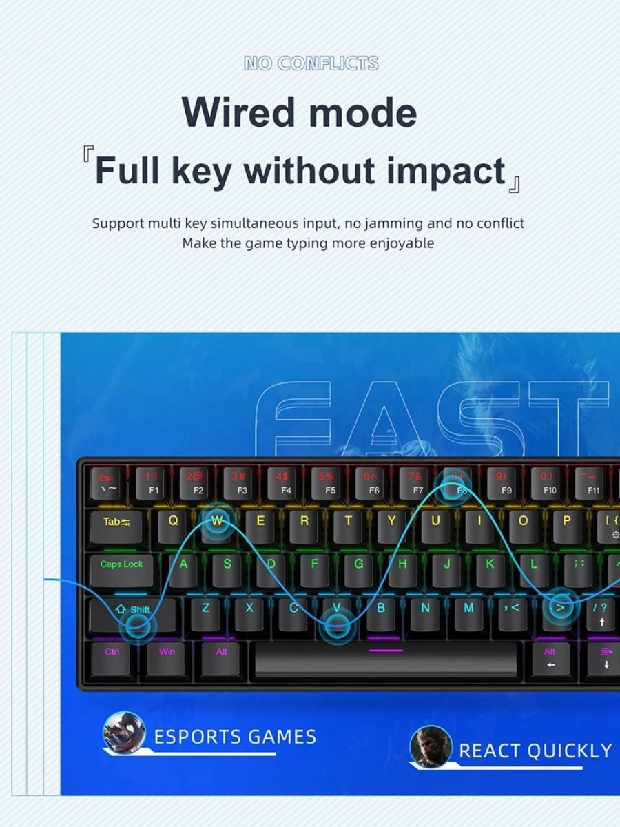 Teclado Mecânico com Fio Portátil APAYADO K61 60% com Fio 61 Teclas RGB Fantasma