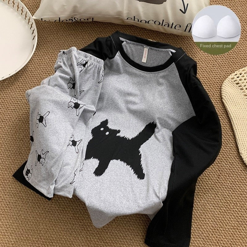 Cartoon HelloKitty Print 2PCS Set Women's Sleepwear with Chest Pad Plus Size Pyjamas Loungewear Crew Neck Loose Pajamas Homewear