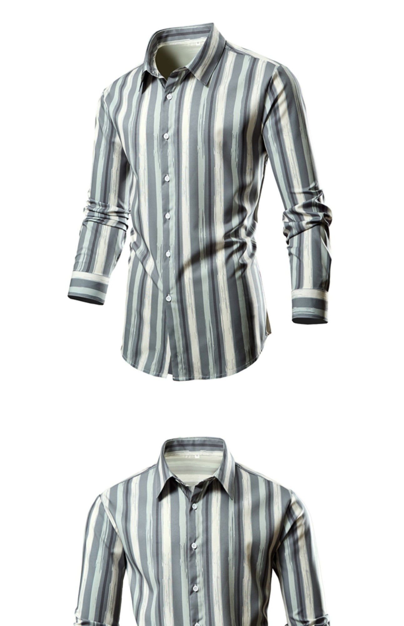 Men's White Vertical Stripe Long Sleeve Shirts, Single Breasted Lapel Shirt, Blue Gray Red Khaki Available, European Size S-XXL