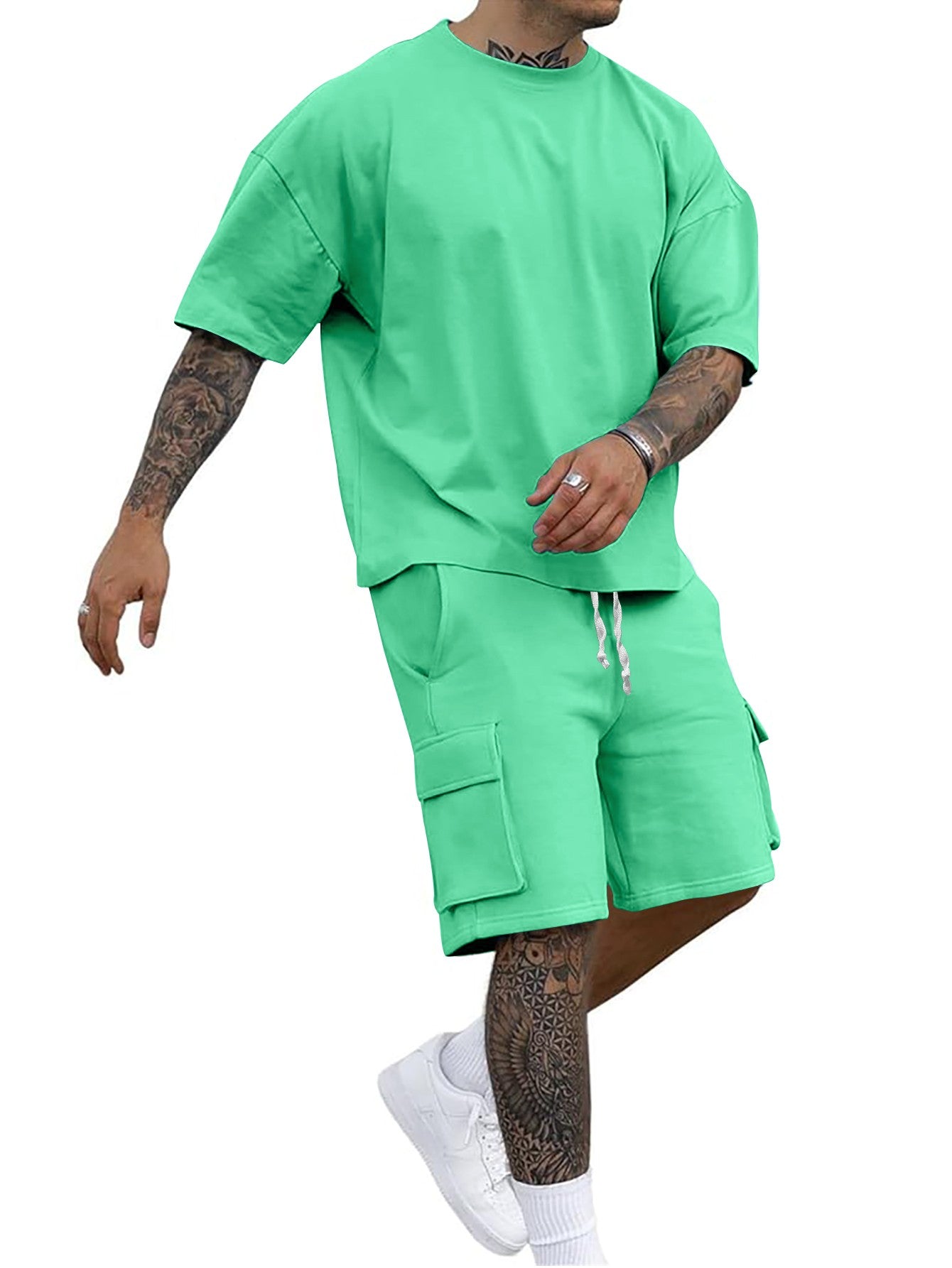 Summer new men's round neck short sleeve T-shirt shirt shorts two-piece suit loose large size ice