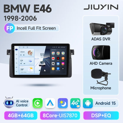 JIUYIN Android 15 Wireless Carplay Auto Rádio Estéreo Multimídia Automotivo Para BMW E46 M3 318 320 325 330 335 1998-2006 IPS