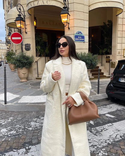 Elegant White Lapel Woolen Long Coat Women Fashion Full Sleeve Single-breasted Warm Loose Coats Lady Winter Commute Street Wear
