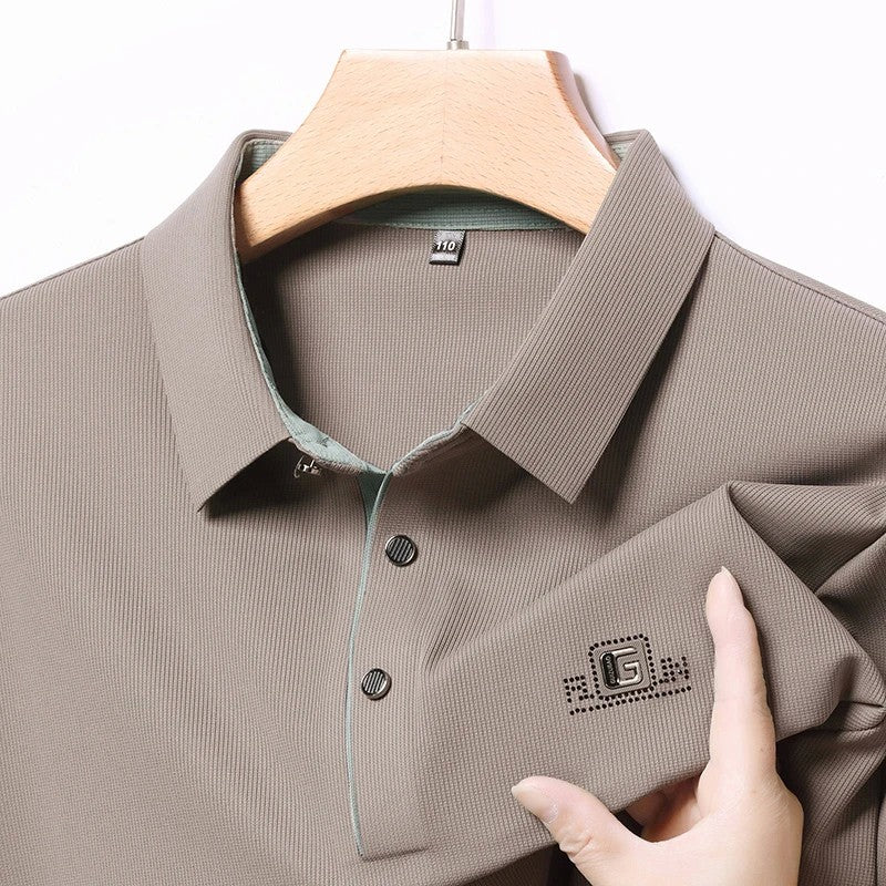 New Men's Business Casual Long Sleeved Shirt with Badge Solid Color Polo Shirt Fashionable Breathable Comfortable Versatile Top