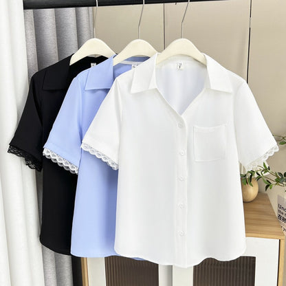Plus Size Women's Summer New Style Lace Sleeve V-Neck Short Sleeve Shirt Fresh And Elegant Fashionable Blouse Polyester Fabric