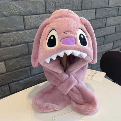 Disney Stitch Angel fofo criativo desenho animado infantil chapéu de pelúcia cachecol anime filme personalizado proteção de orelha chapéu quente engrossado