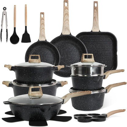 23Pcs Pots and Pans Set Non Stick, Kitchen Cookware Sets, Granite Stone Induction Cookware Non Stick Cooking Set w/Frying Pans,