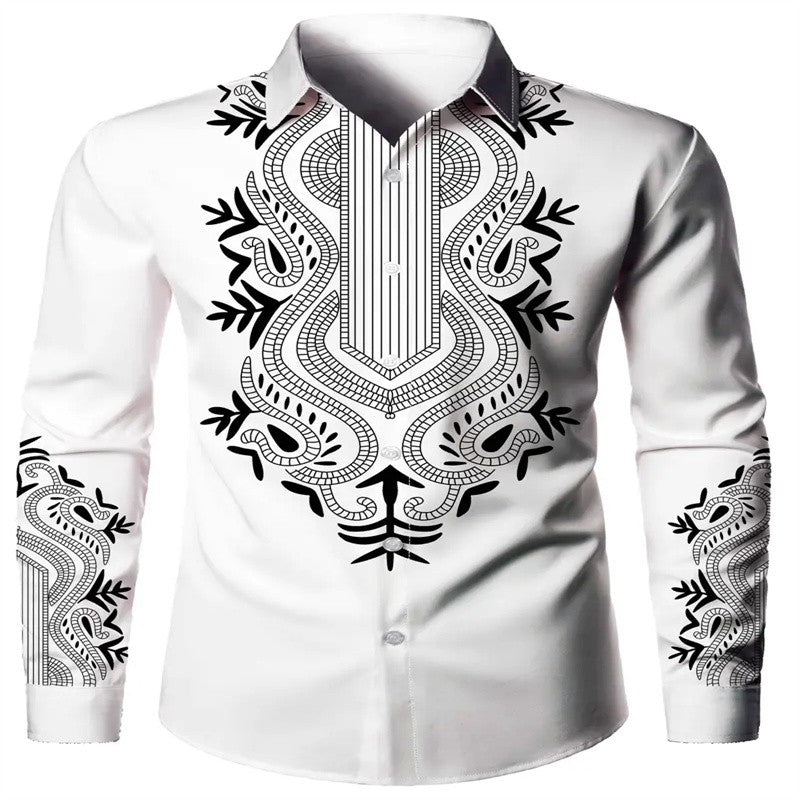 Men's black and red long sleeved shirt with fashionable Pegasus print button up shirt - long sleeved, lapel, non elastic fabric,