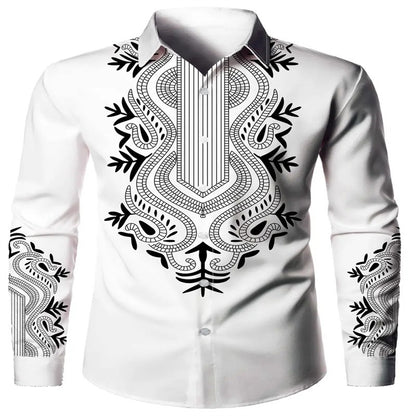 Men's black and red long sleeved shirt with fashionable Pegasus print button up shirt - long sleeved, lapel, non elastic fabric,