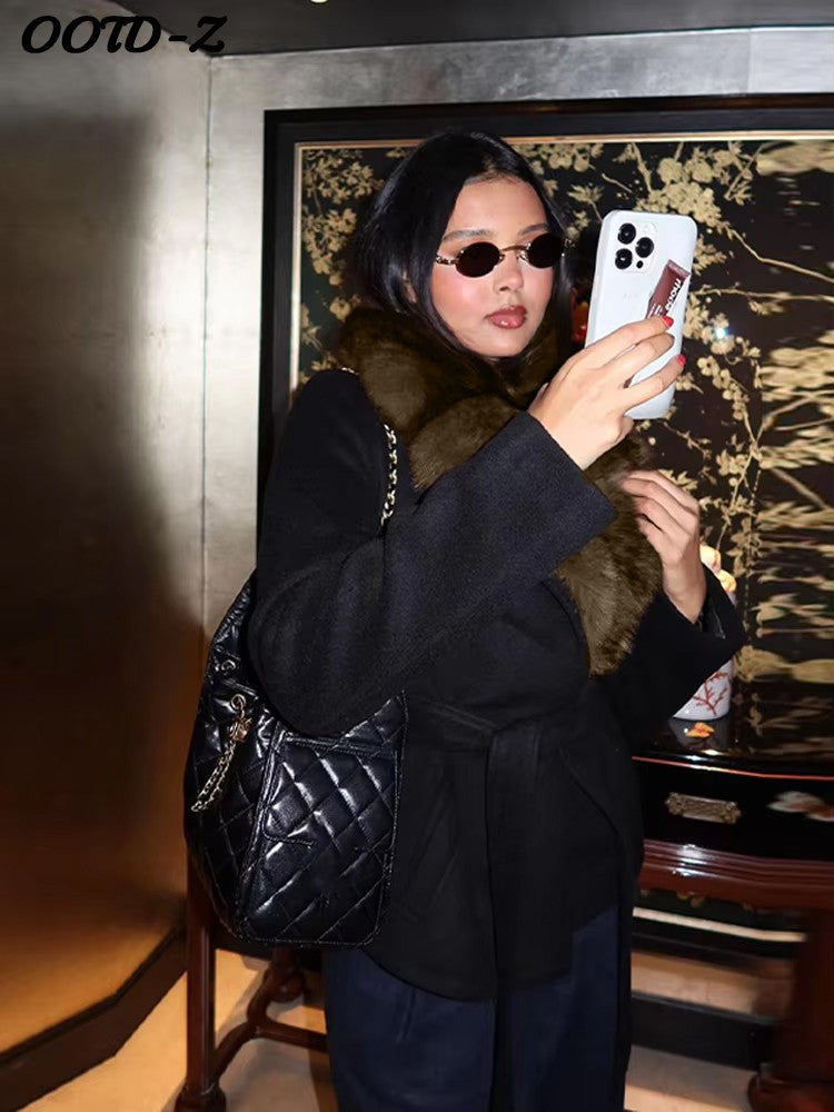 Elegant Faux Fur Lace Up Woolen Coat Women Shawl Collar Belted Waist Full Sleeve Coats Female Autumn Winter Fashion Lady Outwear