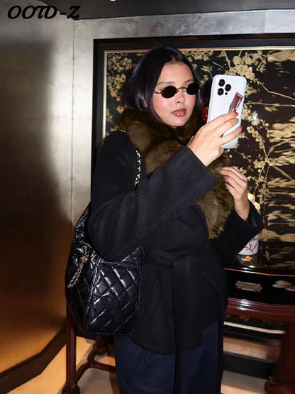 Elegant Faux Fur Lace Up Woolen Coat Women Shawl Collar Belted Waist Full Sleeve Coats Female Autumn Winter Fashion Lady Outwear