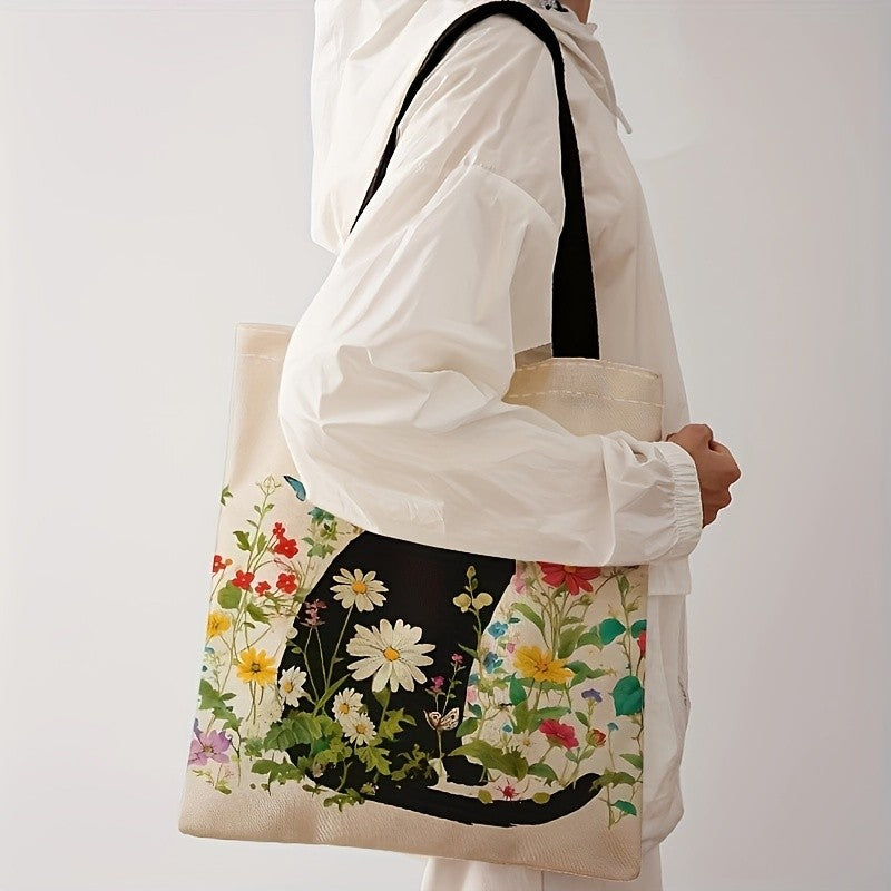 A Casual Tote Bag with a Cat And Flower Pattern, This Reusable Shoulder Shopping Bag