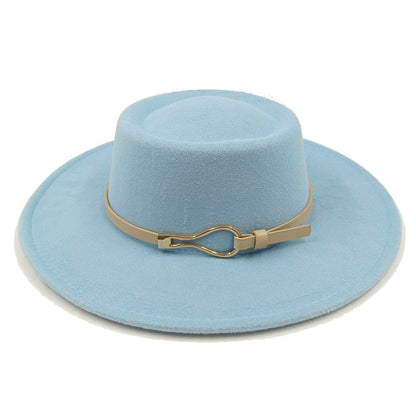 Acessórios femininos de fivela de couro metal com chapéu de feltro de pele com top côncavo e convexo, chapéu fedora e conjunto de bolsa combinando, estilo retrô
