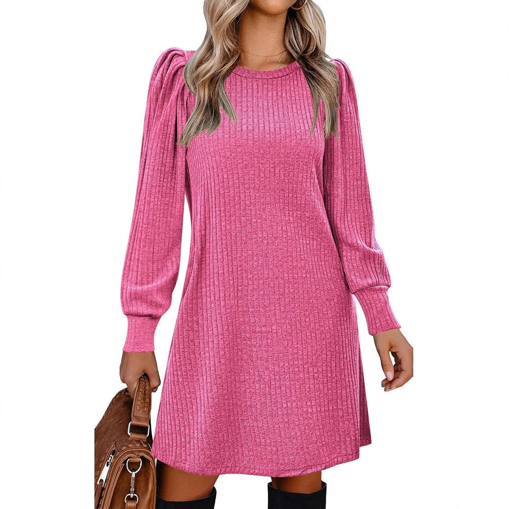 Y2K autumn and winter women's crew neck solid color sweater bubble sleeve fashion commuter dress comfortable casual loose dress