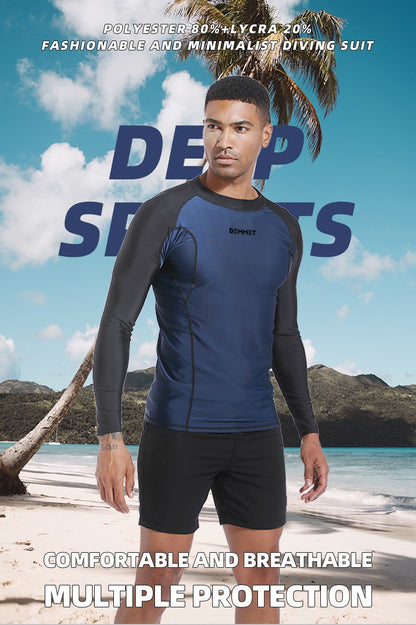DEMMET Mens Swimwear Long Sleeve Rash Guard Swimming Surf T-Shirt UV Protection Quick Dry Beach Tight Surf Diving Clothes 120KG