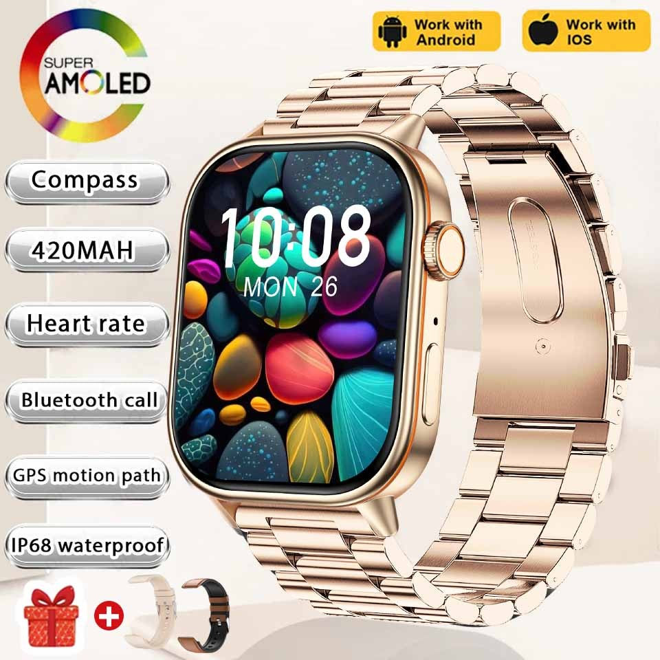 Smartwatch de Música Feminino 2025 Novo com Tela AMOLED HD de 2.01'' Moda, GPS de 6 Estrelas Embutido, Rastreador Impermeável e Chamada, Braceletes