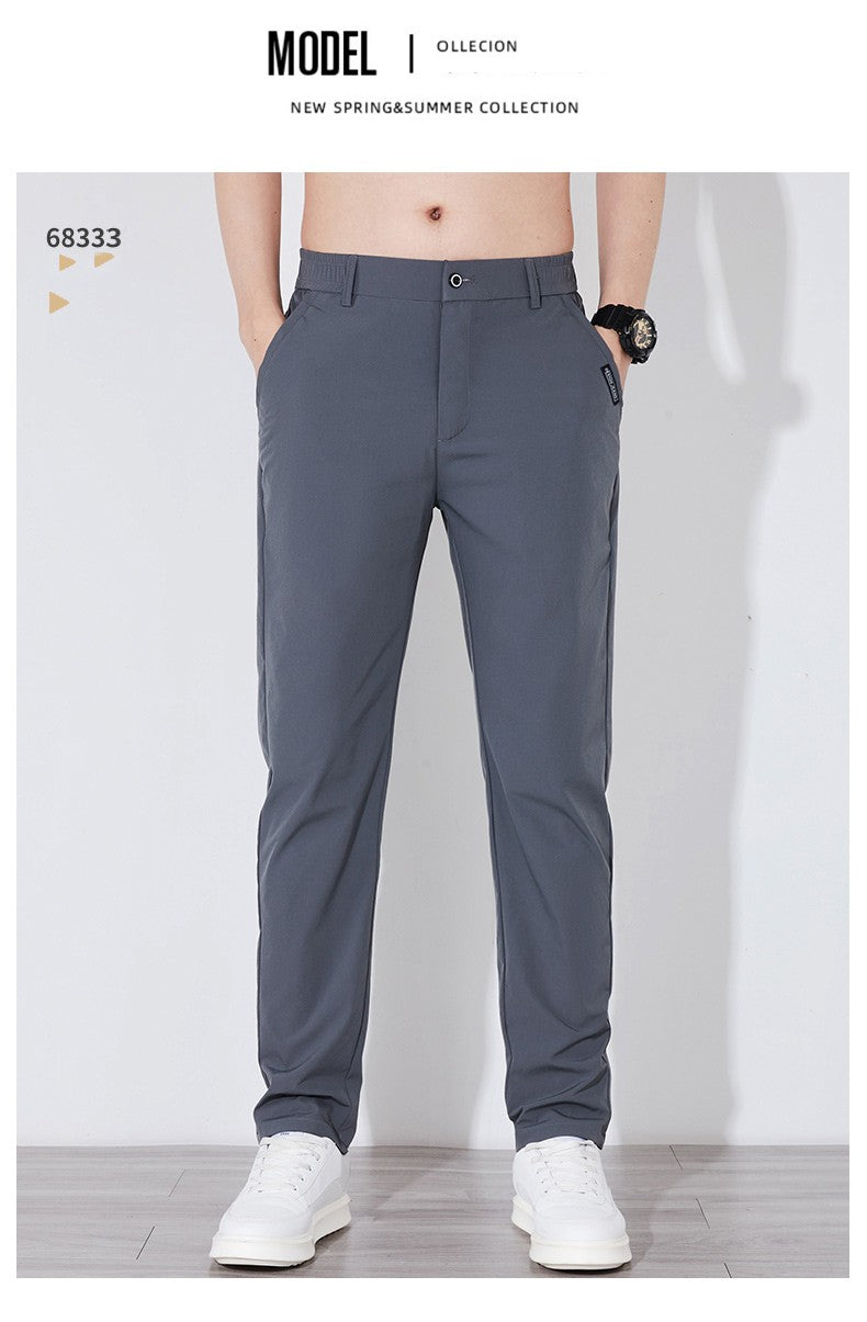 Summer Silk Stretch Smooth Trousers Men Business Elastic Waist Korean Classic Thin Cool Black Gray Casual Suit Pants Male Brand
