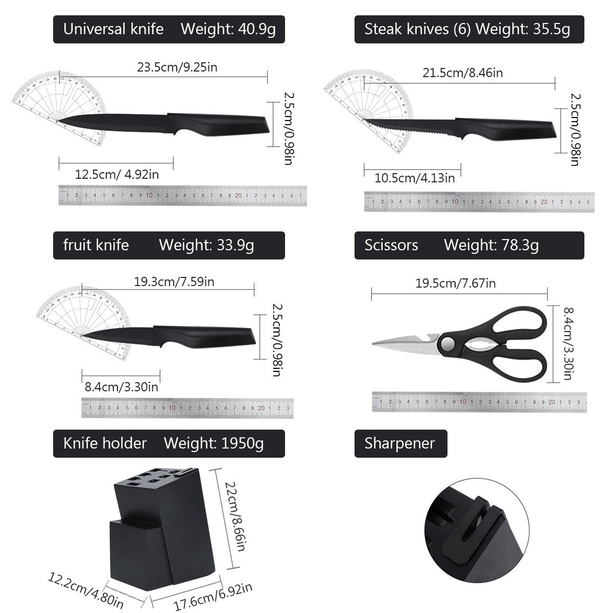 Conjunto de 14 Peças de Bloco de Facas de Cozinha com Afiador Embutido, Faca Utilitária de Aço Inoxidável de Qualidade Premium Alemã para Pão e Bife