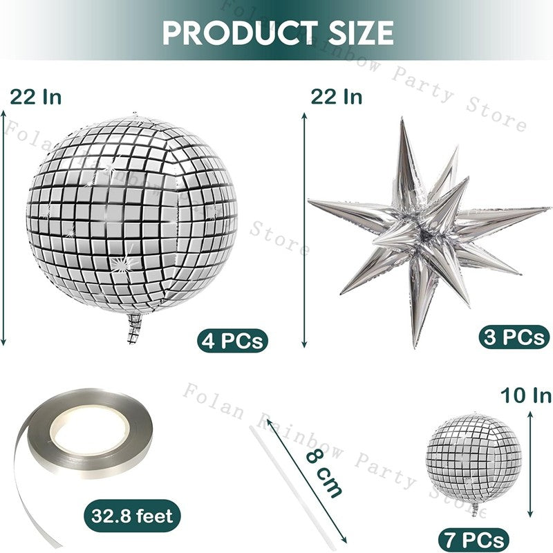 10/22inch 4D Silver Disco Ball Explosion Star Balloon Metallic Disco Balloon Set for Disco Party Wedding Birthday Party Decor