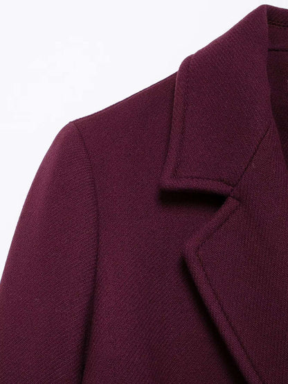 HH Women Fashion Burgundy Woolen Coat Double Breasted Long Sleeve Lapel Blends Jacket Autumn Winter High Street Outerwear