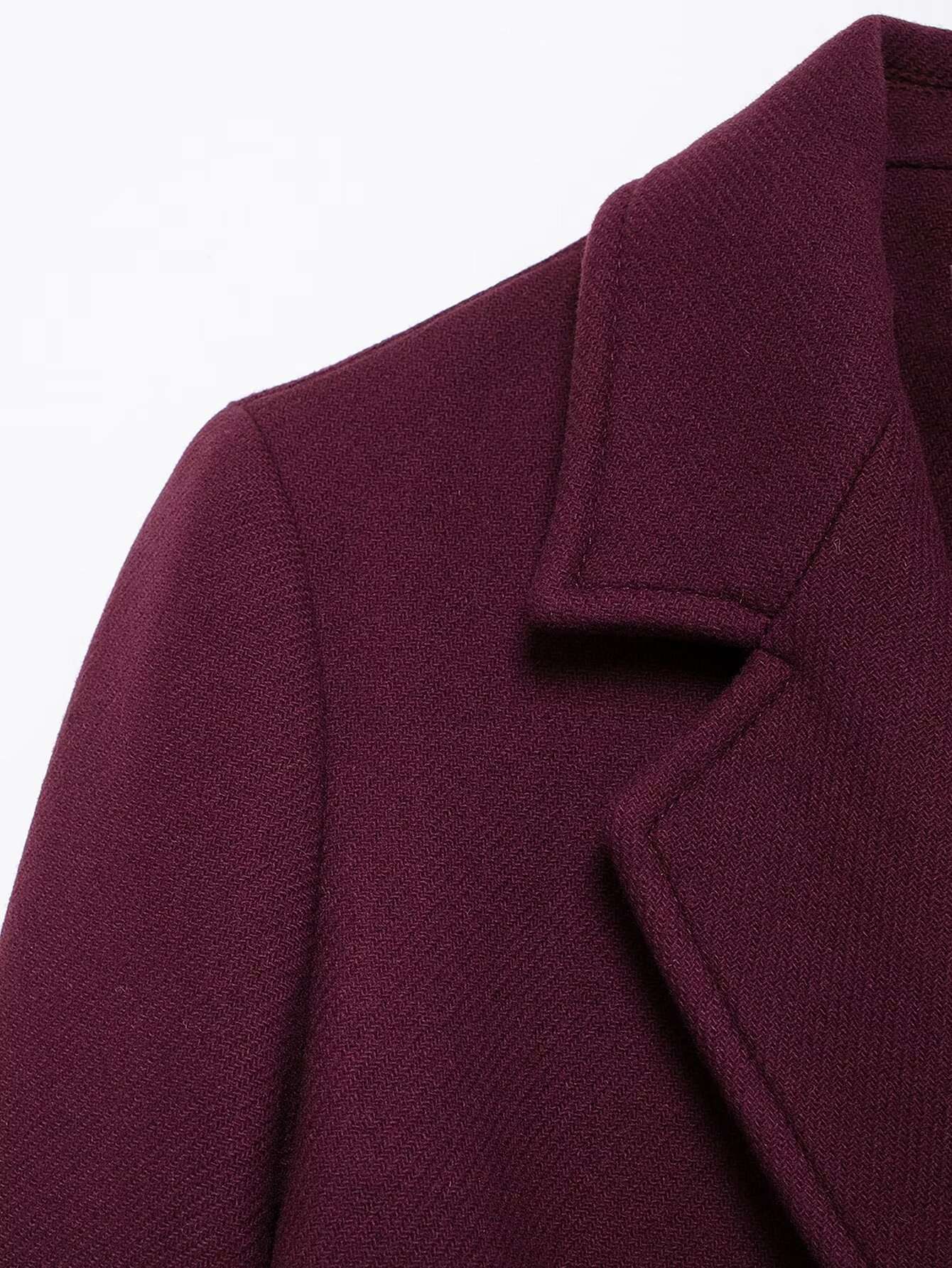 HH Women Fashion Burgundy Woolen Coat Double Breasted Long Sleeve Lapel Blends Jacket Autumn Winter High Street Outerwear