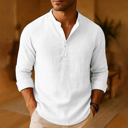 New Men Casual Shirts Lightweight Long Sleeve Henley Cotton Shirts for Beach Linen Shirts Hawaiian Breathable Collar Tops