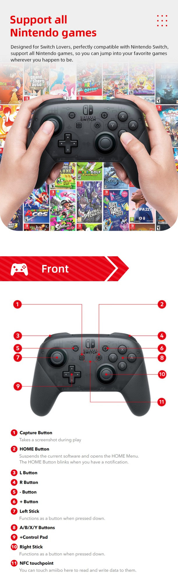 Nintendo Switch Pro Controller Bluetooth 3.0 and Build in NFC Wireless Game Controller motion controls HD rumble Amiibo