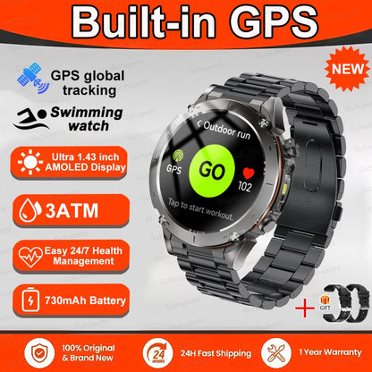 Novo T-Rex 3 GPS Smart Watch AMOLED de 1,43" à prova d'água 10ATM GNSS de banda dupla integrado Bússola Militar Esportivo Smartwatch Pulseira Masculina