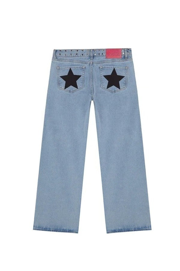 Women Y2K Vintage Jeans Patchwork Leopard Star Pattern Metal Rivet Jeans Female Baggy Casual Straight Leg Pants Women Clothing