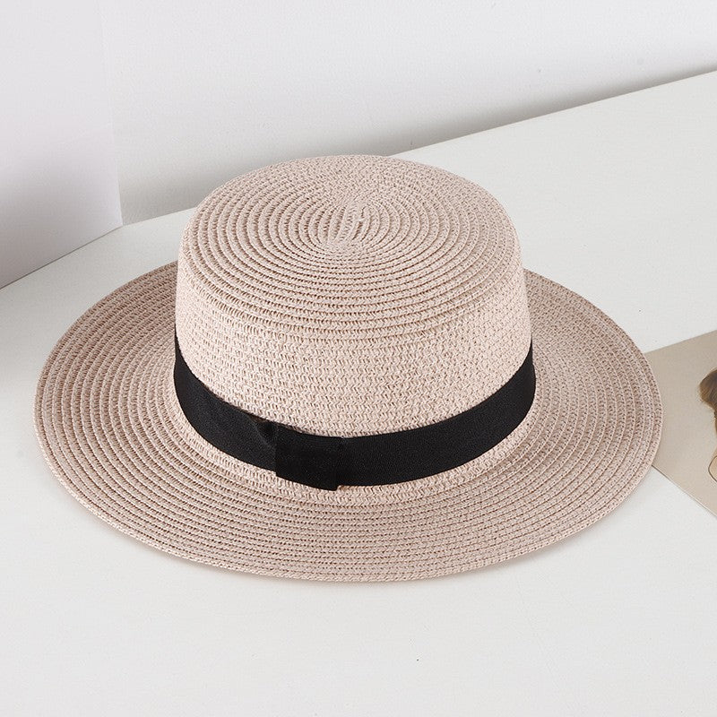 Chapéu de Sol Unissex de Verão com Topo Plano para Mulheres e Homens, Cor Sólida, Aba Larga, Fita Preta, Chapéu de Palha de Praia Dobrável, Bonés Frescos para Férias