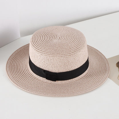 Chapéu de Sol Unissex de Verão com Topo Plano para Mulheres e Homens, Cor Sólida, Aba Larga, Fita Preta, Chapéu de Palha de Praia Dobrável, Bonés Frescos para Férias