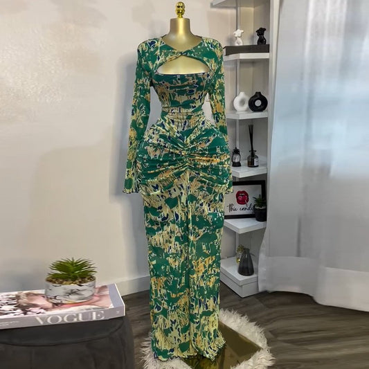 CM.YAYA Women Draped V-neck Cutout Front Ruched Stacked Bodycon Midi Long Maxi D