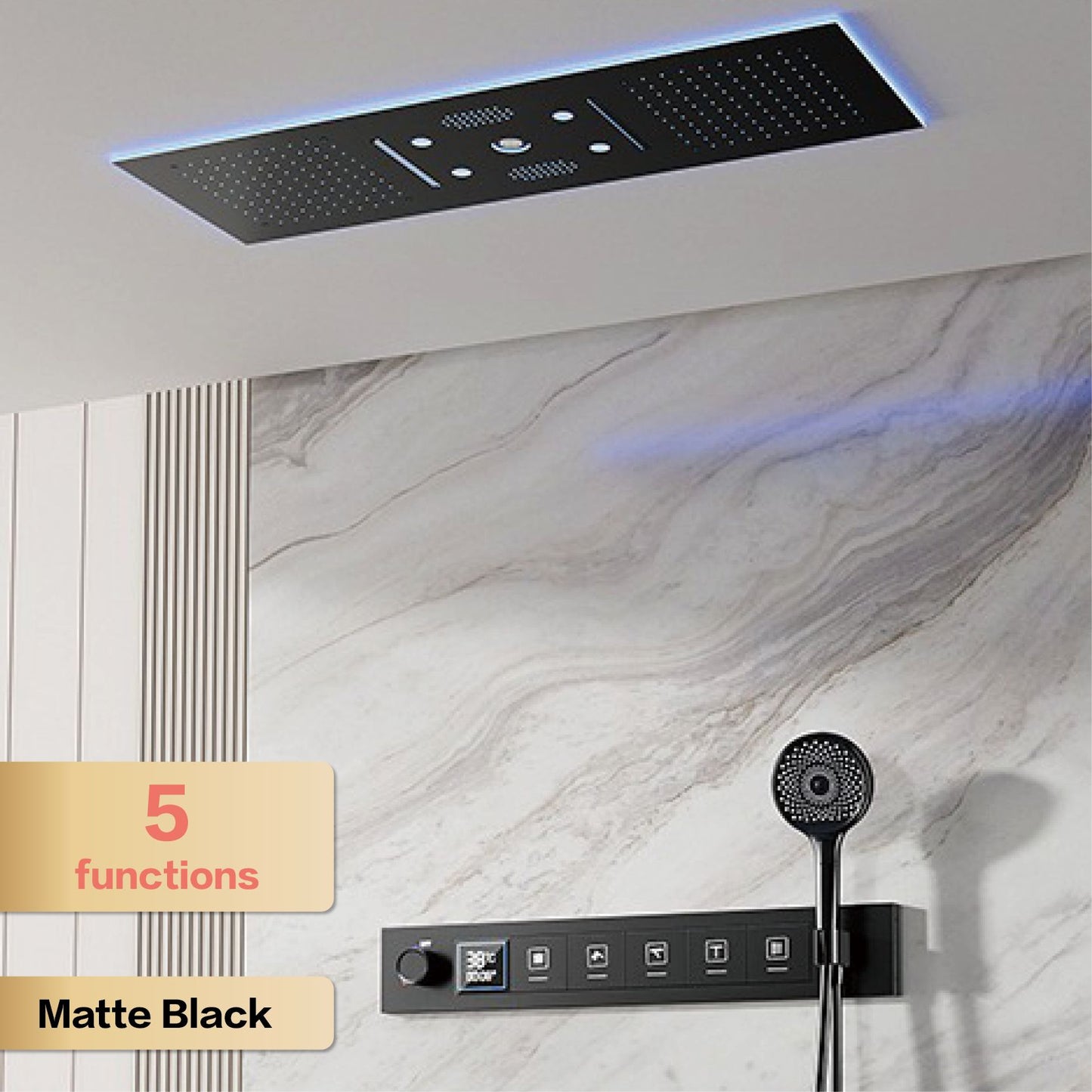 AITANA Sistema de Chuveiro Termostático de Luxo com Display LED em Latão Escurecido, Banheiro, Teto Embutido, Cortina Gigante de Chuva