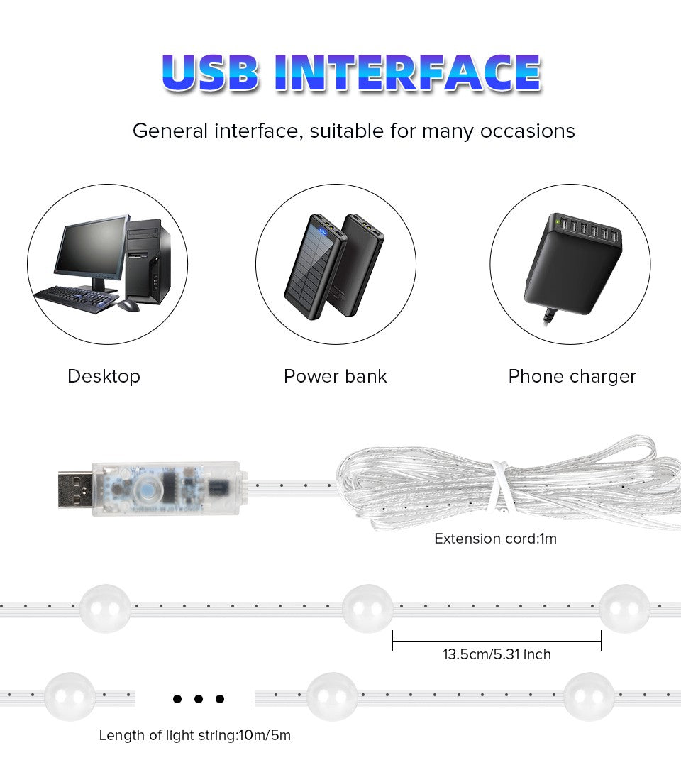 USB Christmas Lights String 5m 10m Bluetooth Music APP Remote DC5V WS2812B Party Wedding Garden Backyard Star Rugby Strawberries