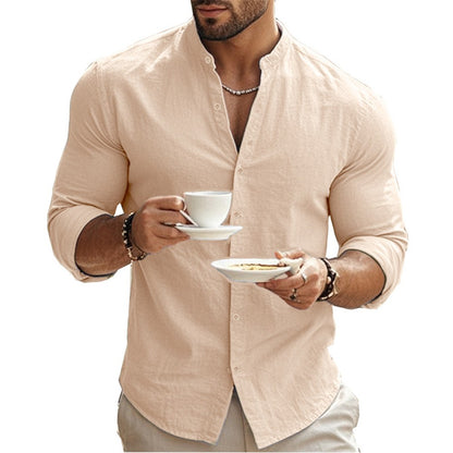 Men's Henry Shirts Cotton Linen Slim Fit Causal Hawaiian Solid Color Basic Style Spring Summer Breathable Men Clothing