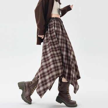 Women Skirt Plaid High Waisted Elastic A Line Mid Length Korean Style Fashion Retro Versatile Irregular Autumn Skirt
