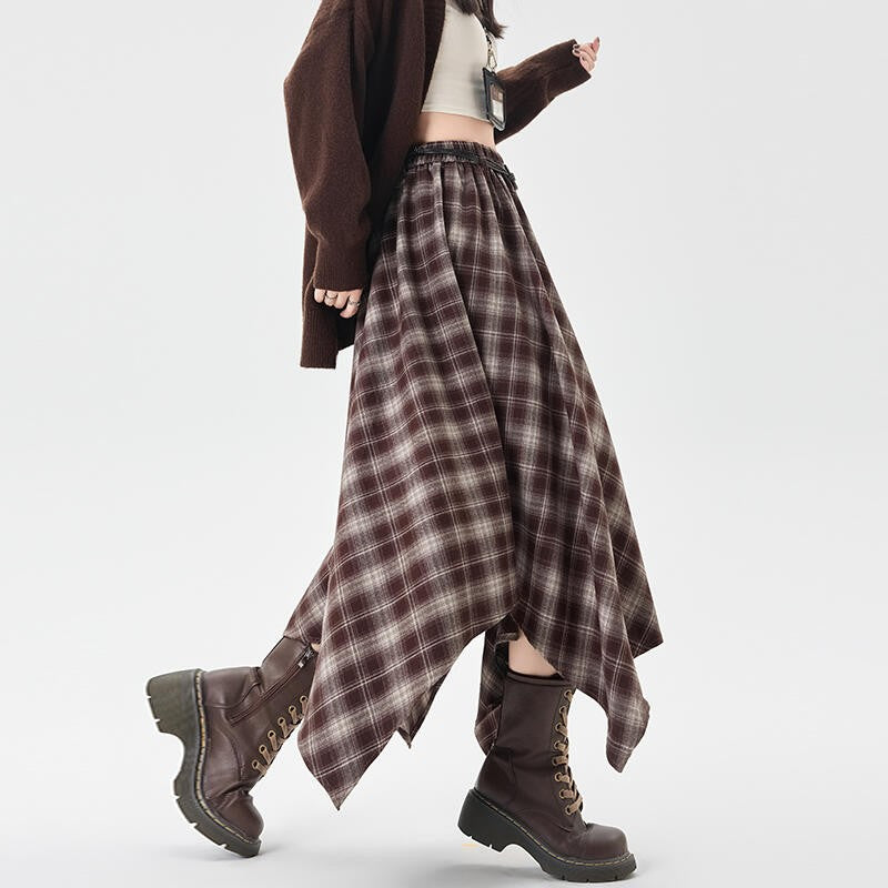 Women Skirt Plaid High Waisted Elastic A Line Mid Length Korean Style Fashion Retro Versatile Irregular Autumn Skirt